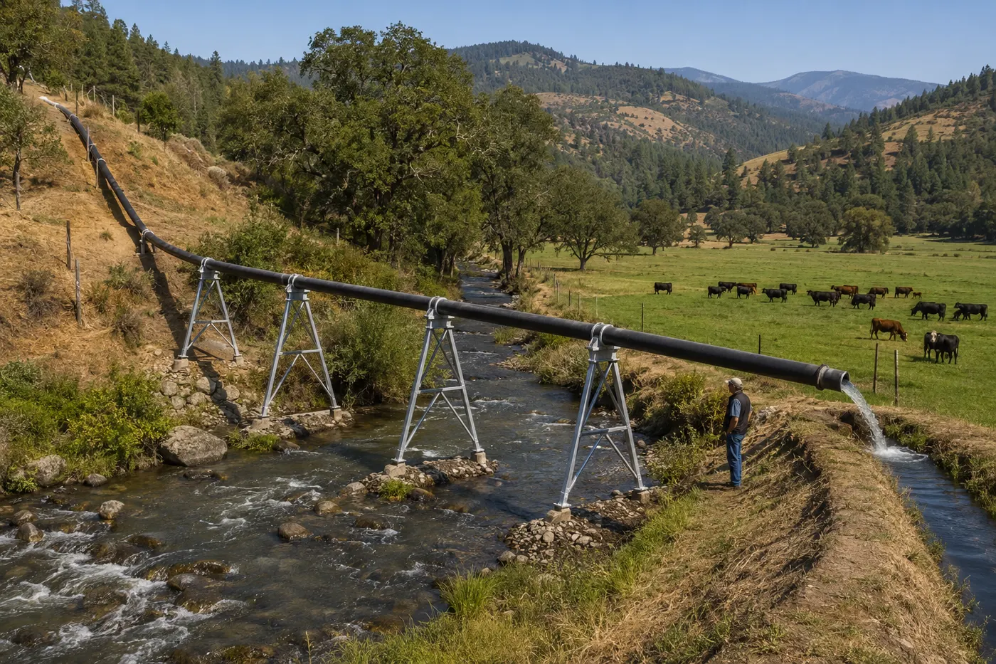 Agricultural irrigation pipe crossing a creek on a Southern Oregon ranch